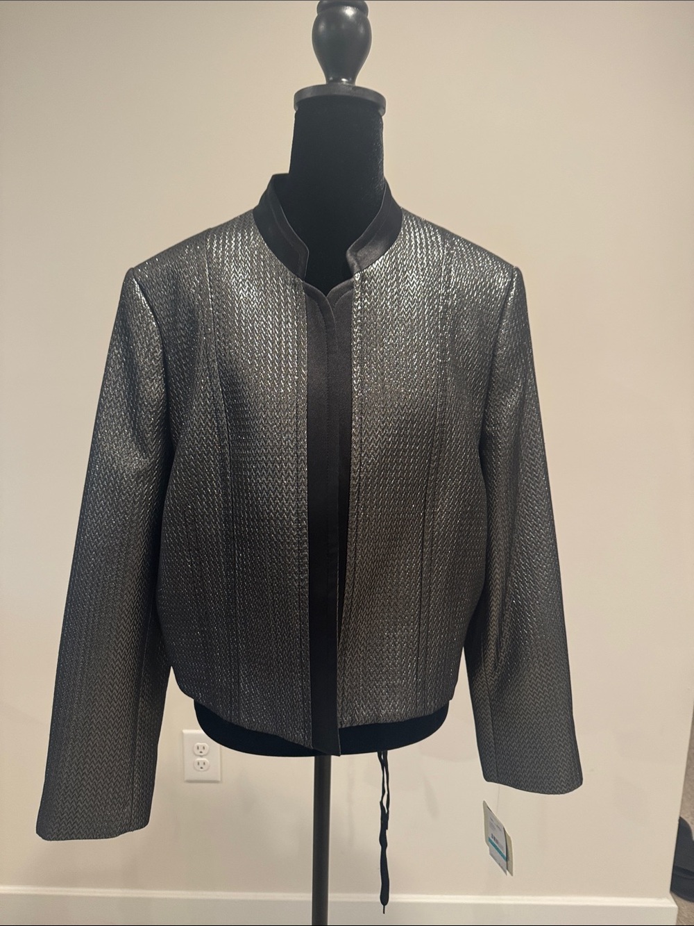 Nine West Metallic Black Textured Open-Front Blazer